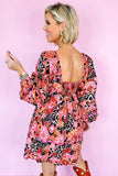 Pink Bohemian Square Neck Puff Sleeve Mini Dress