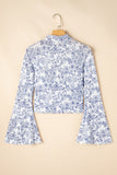 Sky Blue Floral Bell Sleeve Mock Neck Crop Mesh Top