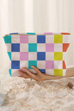 Pink Color Block Checkered Zipper Corduroy Cosmetic Bag