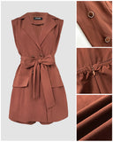 Notched Collar Sleeveless Tied Detail Button Romper