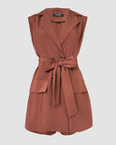Notched Collar Sleeveless Tied Detail Button Romper