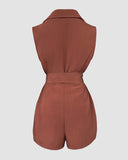 Notched Collar Sleeveless Tied Detail Button Romper