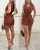 Notched Collar Sleeveless Tied Detail Button Romper