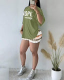 2 Pieces Outfit Letter Print Round Neck Short Sleeve Top and Casual Tie Dye Print Shorts Set