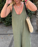 Striped Print V Neck Shoulder Tied Detail Jumpsuit Casual Wide Leg Loose Fit Romper