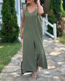 Striped Print V Neck Shoulder Tied Detail Jumpsuit Casual Wide Leg Loose Fit Romper