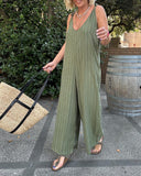 Striped Print V Neck Shoulder Tied Detail Jumpsuit Casual Wide Leg Loose Fit Romper