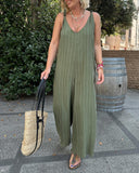 Striped Print V Neck Shoulder Tied Detail Jumpsuit Casual Wide Leg Loose Fit Romper