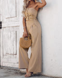 2 Piece Bandeau Sleeveless Shirred Tied Detail Front Button Top High Waist Wide Leg Pants Elegant Pants Set