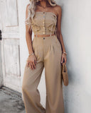 2 Piece Bandeau Sleeveless Shirred Tied Detail Front Button Top High Waist Wide Leg Pants Elegant Pants Set