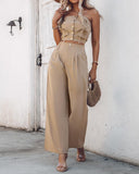 2 Piece Bandeau Sleeveless Shirred Tied Detail Front Button Top High Waist Wide Leg Pants Elegant Pants Set