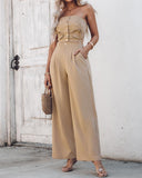 2 Piece Bandeau Sleeveless Shirred Tied Detail Front Button Top High Waist Wide Leg Pants Elegant Pants Set