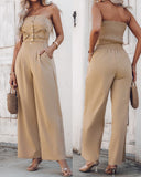 2 Piece Bandeau Sleeveless Shirred Tied Detail Front Button Top High Waist Wide Leg Pants Elegant Pants Set