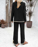 2PCS Round Neck Long Sleeve Slit Top & Straight Leg Pants Set