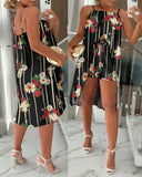 2 Pieces Outfit Floral Print Halter Sleeveless Criss Cross Top and Casual Shorts Set