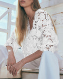 3D Flower Hollow Out Lace Trim V Neck Blouse Casual Loose Fit Top