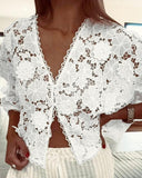 3D Flower Hollow Out Lace Trim V Neck Blouse Casual Loose Fit Top