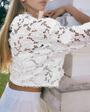 3D Flower Hollow Out Lace Trim V Neck Blouse Casual Loose Fit Top