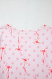 Pink Bow Knot Polka Dot Print Short Sleeve Top Lounge Set