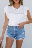 White Lace Neckline Flutter Sleeve Eyelets Blouse