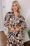 Black Plus Size Floral Printed Puff Sleeve Collared Maxi Dress