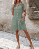 Turn down Collar Short Sleeve Dress Casual Button Dress with Pocket