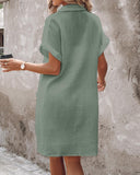 Turn down Collar Short Sleeve Dress Casual Button Dress with Pocket