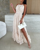 Halter 3D Flower Mesh Slit Evening Dress Backless Shirred Ruffle Hem Double Layer Maxi Dress