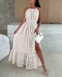 Halter 3D Flower Mesh Slit Evening Dress Backless Shirred Ruffle Hem Double Layer Maxi Dress