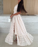 Halter 3D Flower Mesh Slit Evening Dress Backless Shirred Ruffle Hem Double Layer Maxi Dress