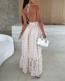 Halter 3D Flower Mesh Slit Evening Dress Backless Shirred Ruffle Hem Double Layer Maxi Dress