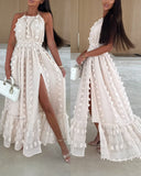 Halter 3D Flower Mesh Slit Evening Dress Backless Shirred Ruffle Hem Double Layer Maxi Dress