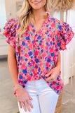 Rose Red Abstract Print Ruffled Sleeve V Neck Blouse