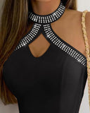 Rhinestone Decor Halter Sleeveless Top