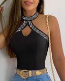 Rhinestone Decor Halter Sleeveless Top