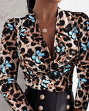 Leopard Butterfly Print V neck Long Sleeve Slim Fit Blouse Casual Top