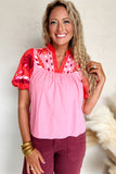 Pink Floral Embroidered Notch V Neck Puff Sleeve Babydoll Blouse