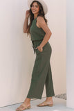 Vineyard Green Buttoned Drawstring Waist Sleeveless Wide Leg Jumpsuit