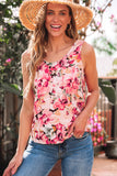 Pink Floral Round Neck Twisted Cut Out Back Tank Top