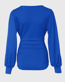 Plunge Neck Lantern Sleeve Ruched Long Sleeve Blouse Top