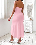 Eyelet Embroidery Bandeau Ruched Slit Casual Dress