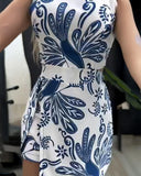 Tropical Print Square Neck Elastic Waist Self tied Back Romper with Side Slit Skirt