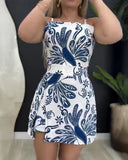Tropical Print Square Neck Elastic Waist Self tied Back Romper with Side Slit Skirt