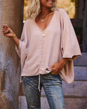 V Neck Three Quarters Sleeve Sweater Casual Loose Drawstring Knit Top