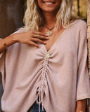 V Neck Three Quarters Sleeve Sweater Casual Loose Drawstring Knit Top