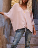V Neck Three Quarters Sleeve Sweater Casual Loose Drawstring Knit Top