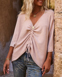 V Neck Three Quarters Sleeve Sweater Casual Loose Drawstring Knit Top