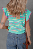 Green Colorful Striped Eyelet Knit Ruffled Sleeve Sweater T Shirt