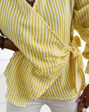 Striped Turn down Collar Ruffle Cuffs Bow Tie Waist Casual Wrap Top