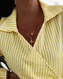 Striped Turn down Collar Ruffle Cuffs Bow Tie Waist Casual Wrap Top